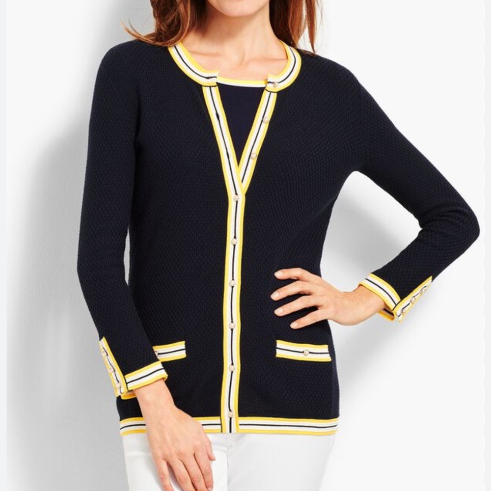 Talbots size S/P blue with yellow white detail gold buttons , pockets cardigan